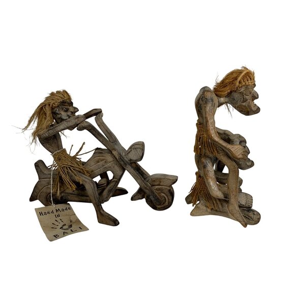 Handmade Wooden Figurines Set - Tiki Tribal Men Biker/Acrobatic Design From Bali - Picture 5 of 8